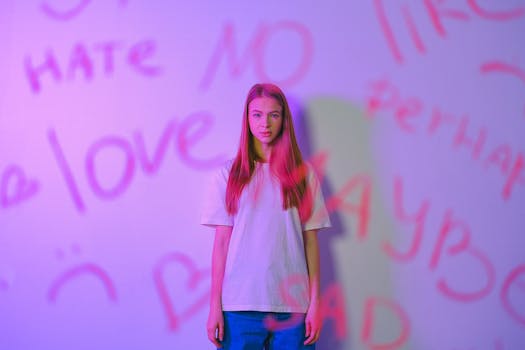 Expressive studio portrait of a teenager with graffiti, capturing emotion and mood with a pink hue.